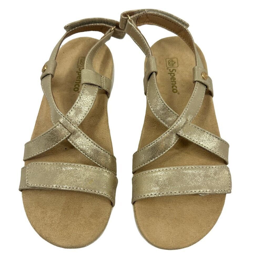 Spenco Grace Strappy Sandals Beige Pewter Metallic Suede Ankle Strap 7 B